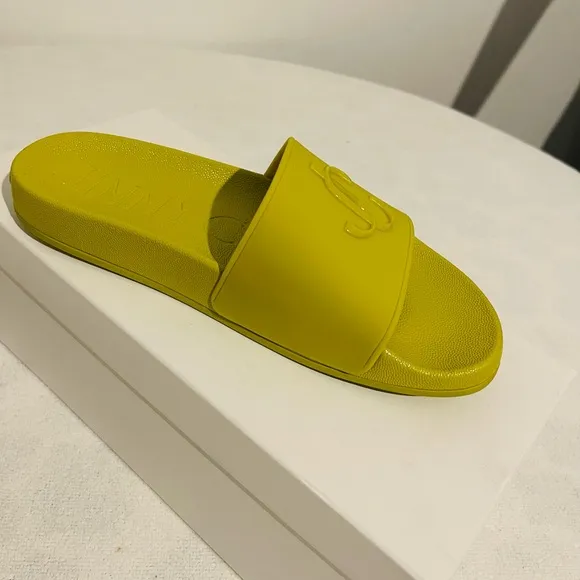 Jimmy Choo Port Logo rubber applique slides in Lime. Size 37