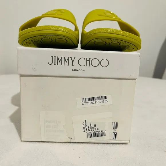 Jimmy Choo Port Logo rubber applique slides in Lime. Size 37