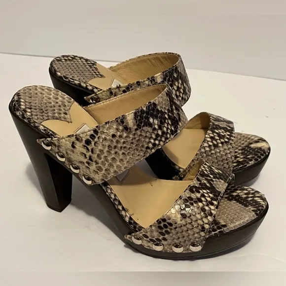 Jimmy Choo Snakeskin Python Slides Sandal Wooden Studded Heels