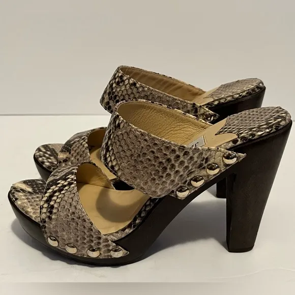 Jimmy Choo Snakeskin Python Slides Sandal Wooden Studded Heels