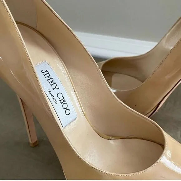 Jimmy Choo Sz 40.5 Open Toe Pump Heels Tan Patent Leather Classic Iconic Formal
