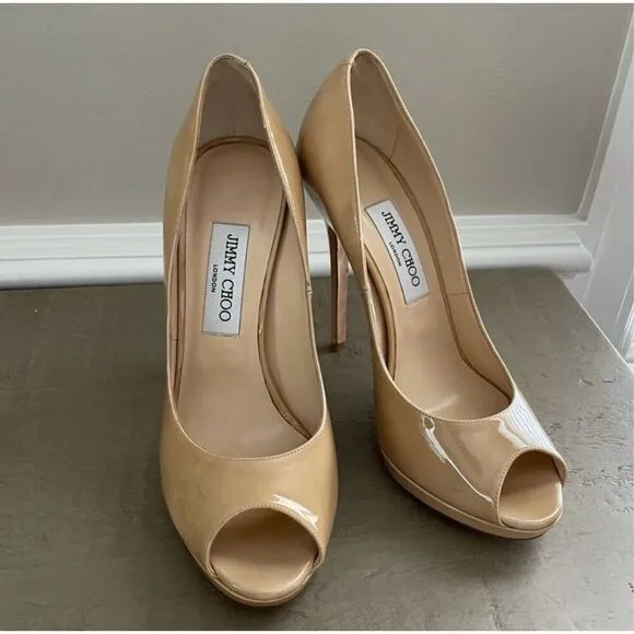 Jimmy Choo Sz 40.5 Open Toe Pump Heels Tan Patent Leather Classic Iconic Formal