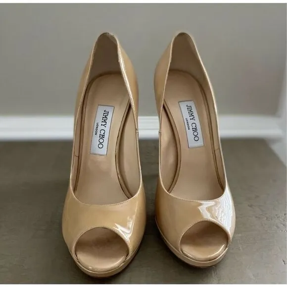 Jimmy Choo Sz 40.5 Open Toe Pump Heels Tan Patent Leather Classic Iconic Formal