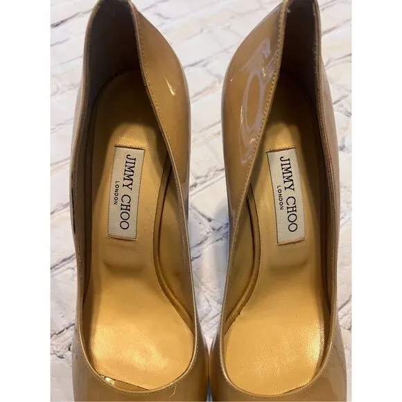 Jimmy Choo Sz 40.5 Open Toe Pump Heels Tan Patent Leather Classic Iconic Formal