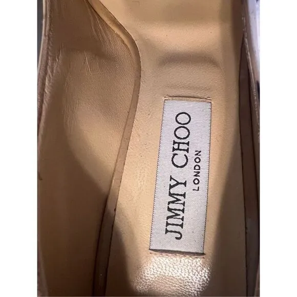 Jimmy Choo Sz 40.5 Open Toe Pump Heels Tan Patent Leather Classic Iconic Formal