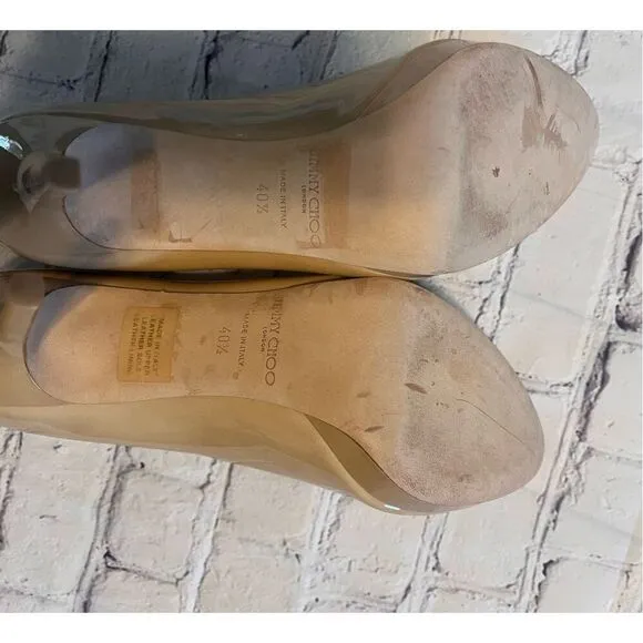 Jimmy Choo Sz 40.5 Open Toe Pump Heels Tan Patent Leather Classic Iconic Formal