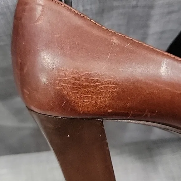 Joan Helpern VTG Brown Leather Peep Toe block heels  Italy Women's Shoes SZ 6M