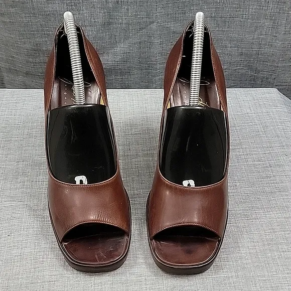 Joan Helpern VTG Brown Leather Peep Toe block heels  Italy Women's Shoes SZ 6M