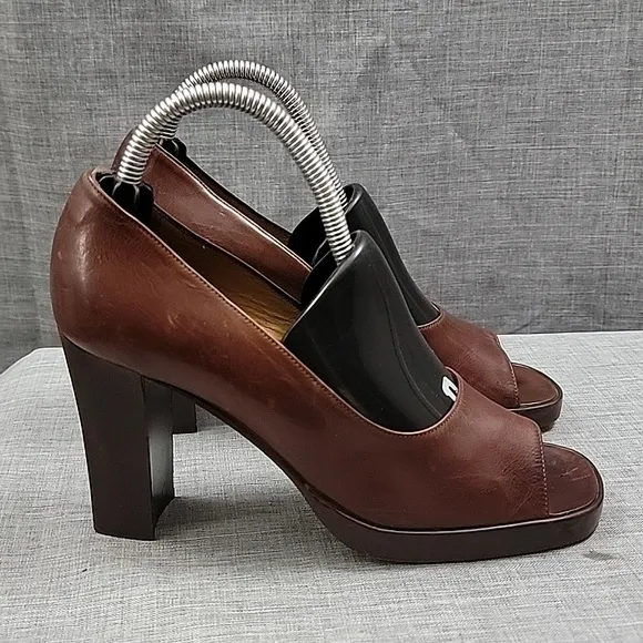 Joan Helpern VTG Brown Leather Peep Toe block heels  Italy Women's Shoes SZ 6M