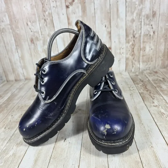 John fluevog Safety Nogs Leather Oxfords Lug Sole Dress Shoes Blue‎ Size 9