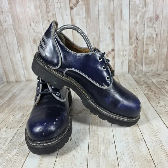John fluevog Safety Nogs Leather Oxfords Lug Sole Dress Shoes Blue‎ Size 9