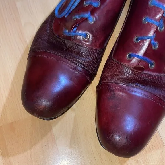 John Fluevog Men’s Leather Burgundy with Blue Accent Laces Oxford Shoes size 9