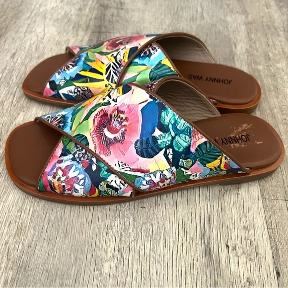 Johnny Was LAYLA X BAND Leather Flat Tropical Floral Sandals Slides