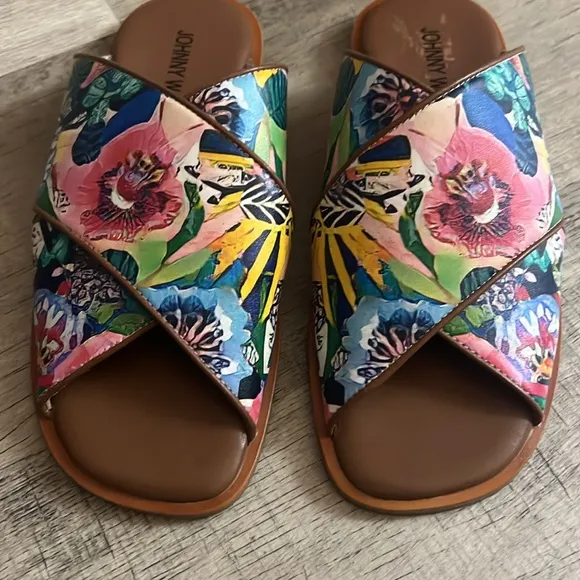 Johnny Was LAYLA X BAND Leather Flat Tropical Floral Sandals Slides