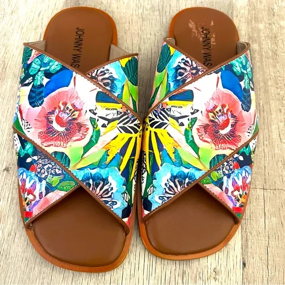 Johnny Was LAYLA X BAND Leather Flat Tropical Floral Sandals Slides