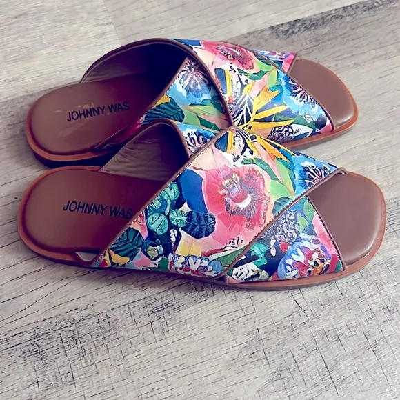 Johnny Was LAYLA X BAND Leather Flat Tropical Floral Sandals Slides