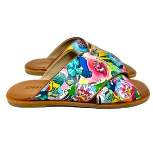 Johnny Was LAYLA X BAND Leather Flat Tropical Floral Sandals Slides