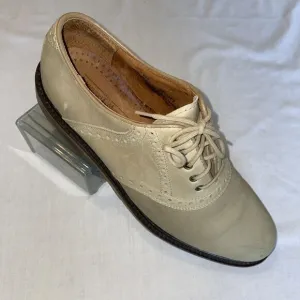 Johnston &amp; Murphy Saddle Oxfords Mens Sz 9.5 M Beige Leather Block Heels Italy