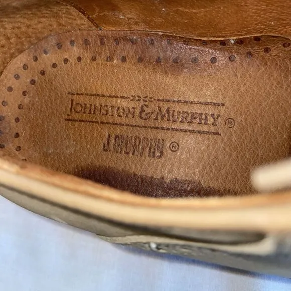 Johnston &amp; Murphy Saddle Oxfords Mens Sz 9.5 M Beige Leather Block Heels Italy