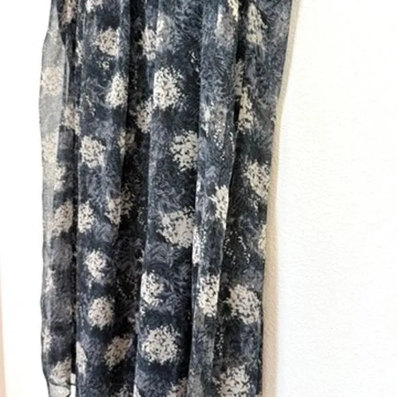 Joie Baltic Print Smocked Chiffon Midi Dress Black Gray Lined  Size L Fairycore