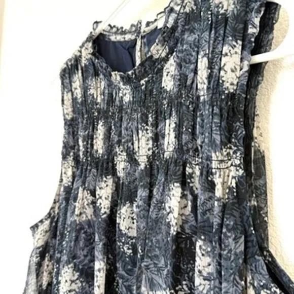 Joie Baltic Print Smocked Chiffon Midi Dress Black Gray Lined  Size L Fairycore