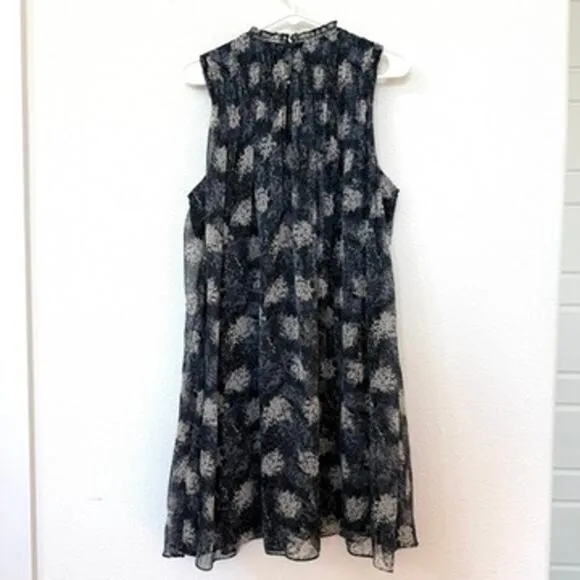 Joie Baltic Print Smocked Chiffon Midi Dress Black Gray Lined  Size L Fairycore
