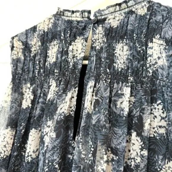 Joie Baltic Print Smocked Chiffon Midi Dress Black Gray Lined  Size L Fairycore