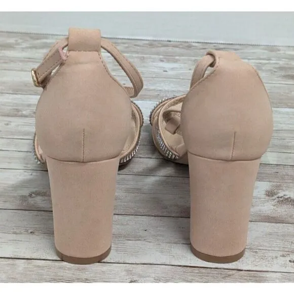 Journee Collection Womens Size 8 Rose Gold Rhinestone Open Toe Block Pump Heels