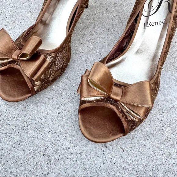 J.RENEE Kaylee Lace heels metallic bronze golden brown peep toe big bow PUMPS 13