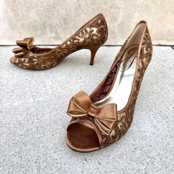 J.RENEE Kaylee Lace heels metallic bronze golden brown peep toe big bow PUMPS 13