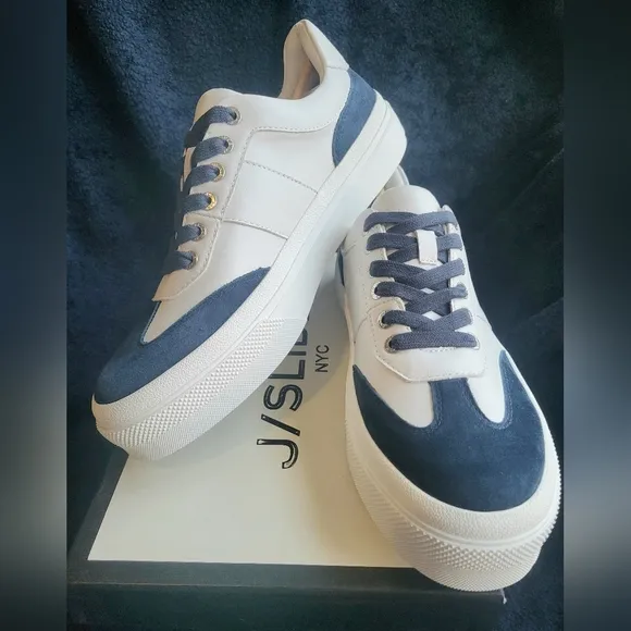 J/Slides Gabbie White/Navy Nappa Leather/Suede Sneakers Women 9 New