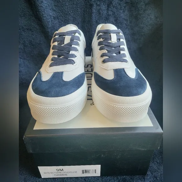 J/Slides Gabbie White/Navy Nappa Leather/Suede Sneakers Women 9 New