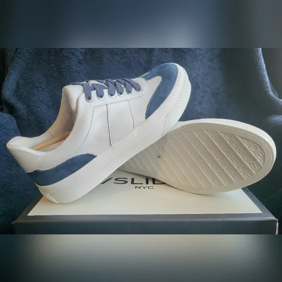 J/Slides Gabbie White/Navy Nappa Leather/Suede Sneakers Women 9 New