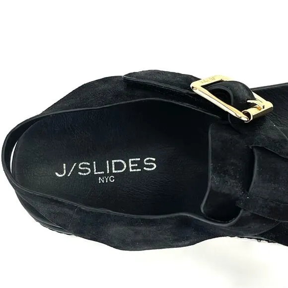 J/SLIDES NYC BLACK SHIMMERY LEATHER THONG TOE SLING BACK PLATFORM SANDAL