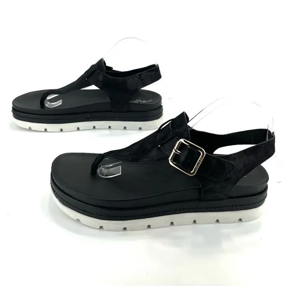 J/SLIDES NYC BLACK SHIMMERY LEATHER THONG TOE SLING BACK PLATFORM SANDAL