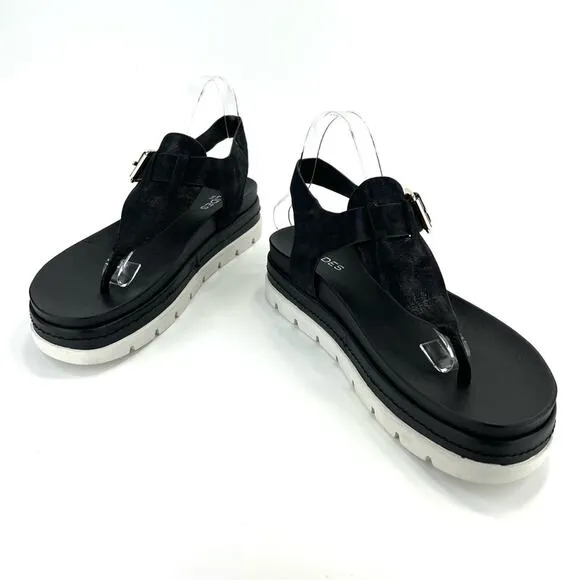 J/SLIDES NYC BLACK SHIMMERY LEATHER THONG TOE SLING BACK PLATFORM SANDAL