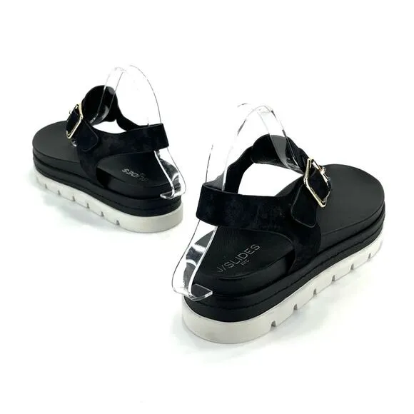 J/SLIDES NYC BLACK SHIMMERY LEATHER THONG TOE SLING BACK PLATFORM SANDAL