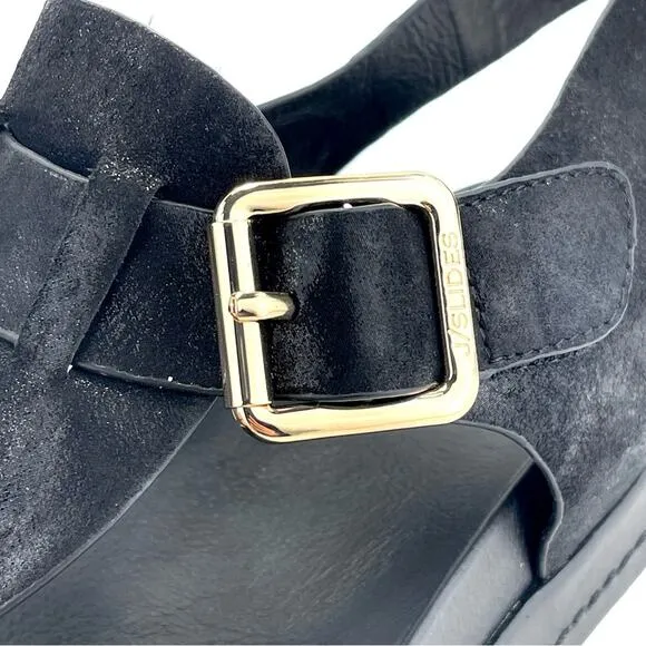 J/SLIDES NYC BLACK SHIMMERY LEATHER THONG TOE SLING BACK PLATFORM SANDAL