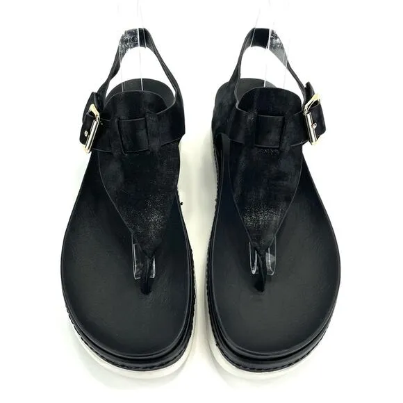 J/SLIDES NYC BLACK SHIMMERY LEATHER THONG TOE SLING BACK PLATFORM SANDAL