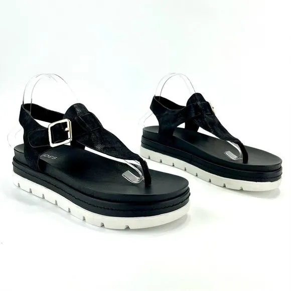 J/SLIDES NYC BLACK SHIMMERY LEATHER THONG TOE SLING BACK PLATFORM SANDAL