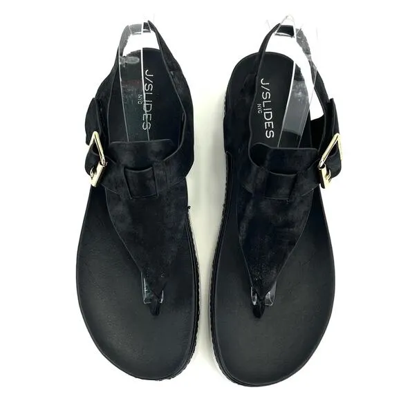 J/SLIDES NYC BLACK SHIMMERY LEATHER THONG TOE SLING BACK PLATFORM SANDAL