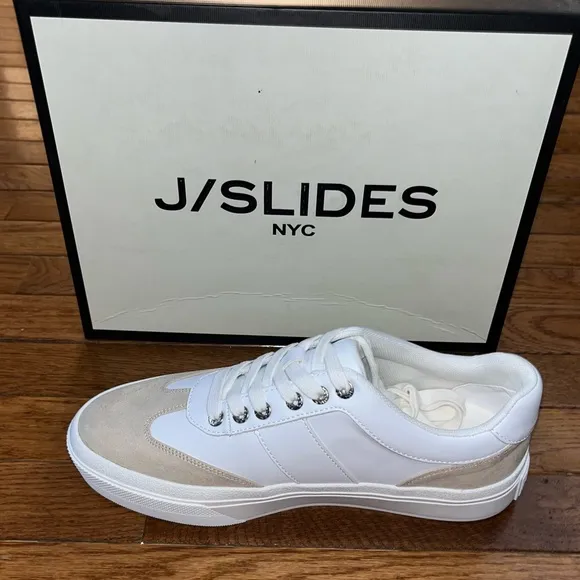 J/Slides NYC Gable Lace Up Sneakers White &amp; Sand Faux Suede Women’s Size 9