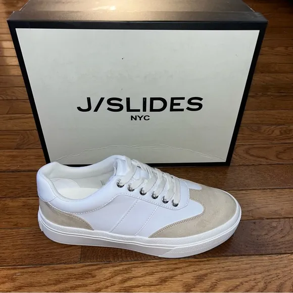 J/Slides NYC Gable Lace Up Sneakers White &amp; Sand Faux Suede Women’s Size 9