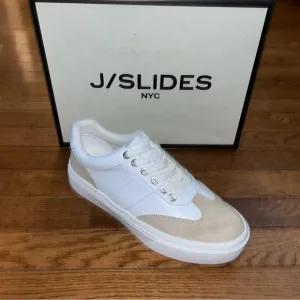 J/Slides NYC Gable Lace Up Sneakers White &amp; Sand Faux Suede Women’s Size 9