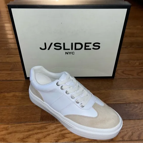 J/Slides NYC Gable Lace Up Sneakers White &amp; Sand Faux Suede Women’s Size 9