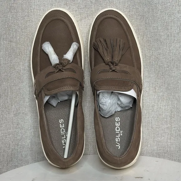 J/SLIDES NYC HALLIE TAUPE LEATHER PENNY LOAFER SLIP ON PLATFORM SNEAKERS **NIB**