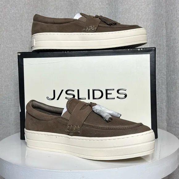 J/SLIDES NYC HALLIE TAUPE LEATHER PENNY LOAFER SLIP ON PLATFORM SNEAKERS **NIB**
