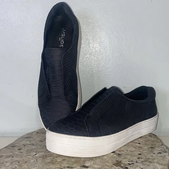 J/Slides Women's Heidi Slip-On Platform Sneakers in Black Embossed Size 9