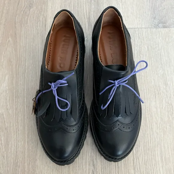 Julia Bo Womens 100% Leather Lace Up Oxfords Black Academia Preppy Size 7.5
