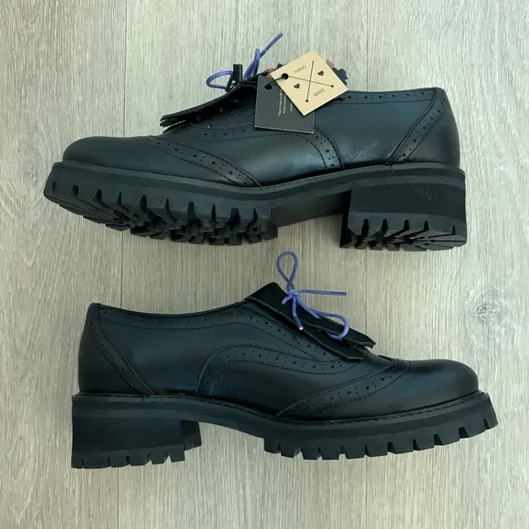 Julia Bo Womens 100% Leather Lace Up Oxfords Black Academia Preppy Size 7.5